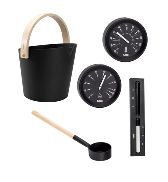 Helo Brilliant Bastuset Mattasvart, Inkl. skopa, hink, termometer, hygrometer och timglas