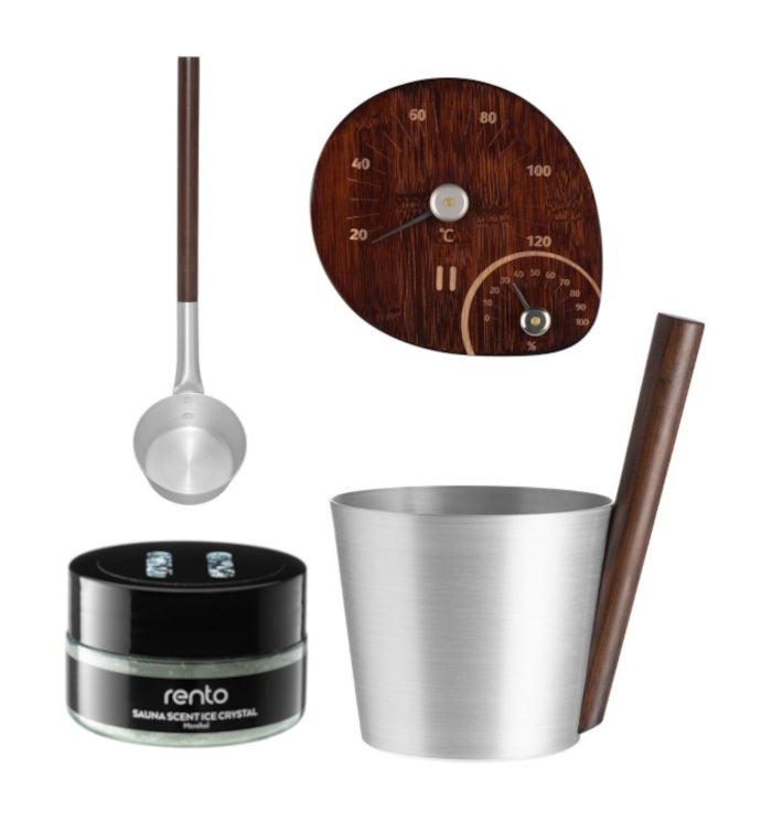 Rento Bastuset Natural Aluminium/m&ouml;rk bambu, Inkl. skopa, st&auml;va, termo- och hygrometer, mentolkristaller.